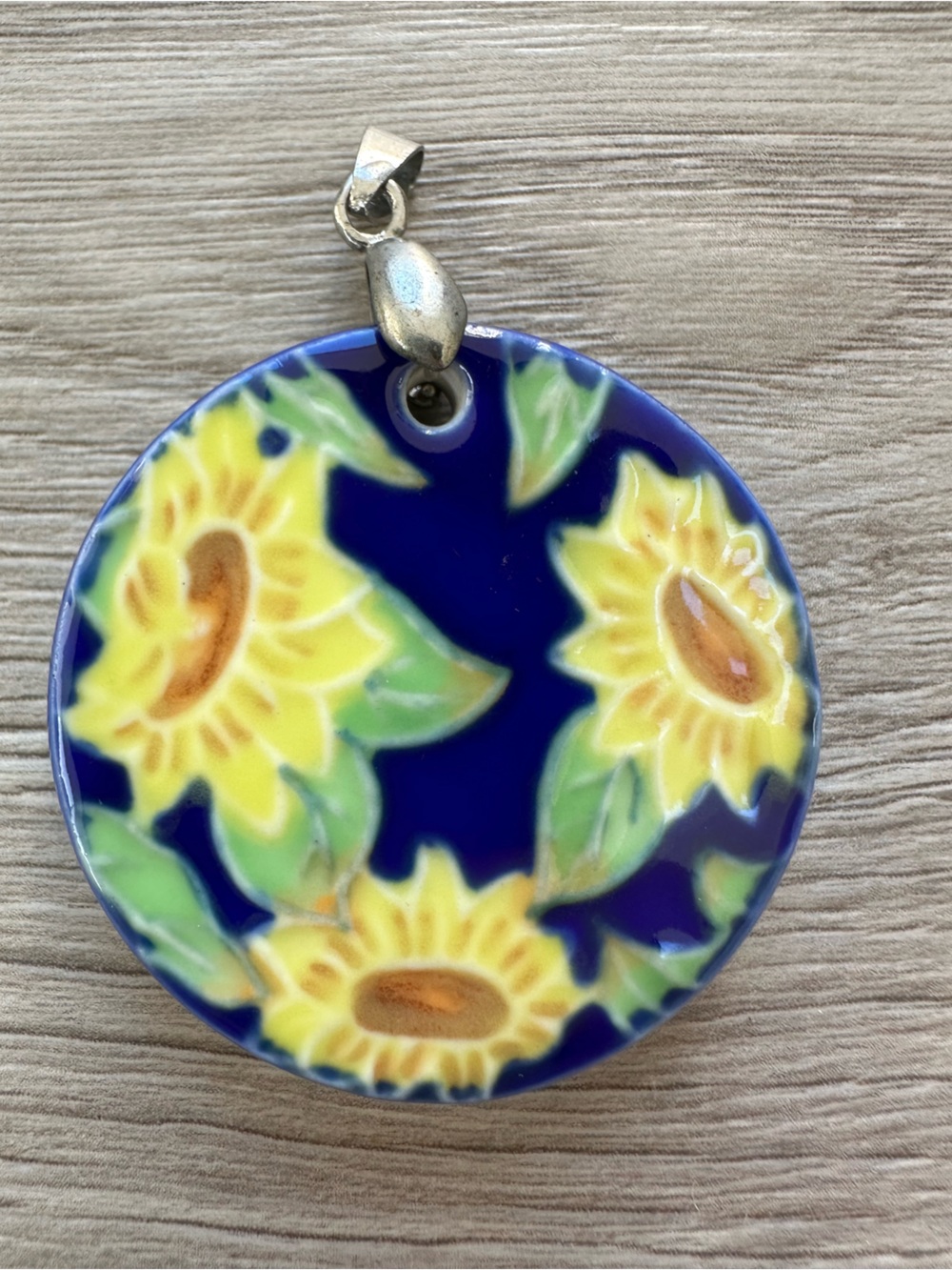 Hand Painted Mexican Talavera Ceramic Sunflower Pendant Cobalt Blue Yellow